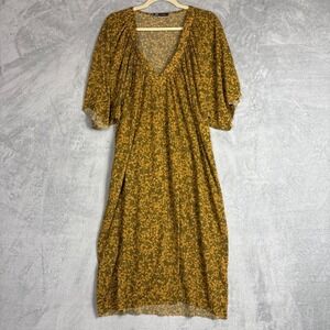 Zara Kaftan Midi Dress Olive Green Yellow Floral Print V Neck Size Medium Boho